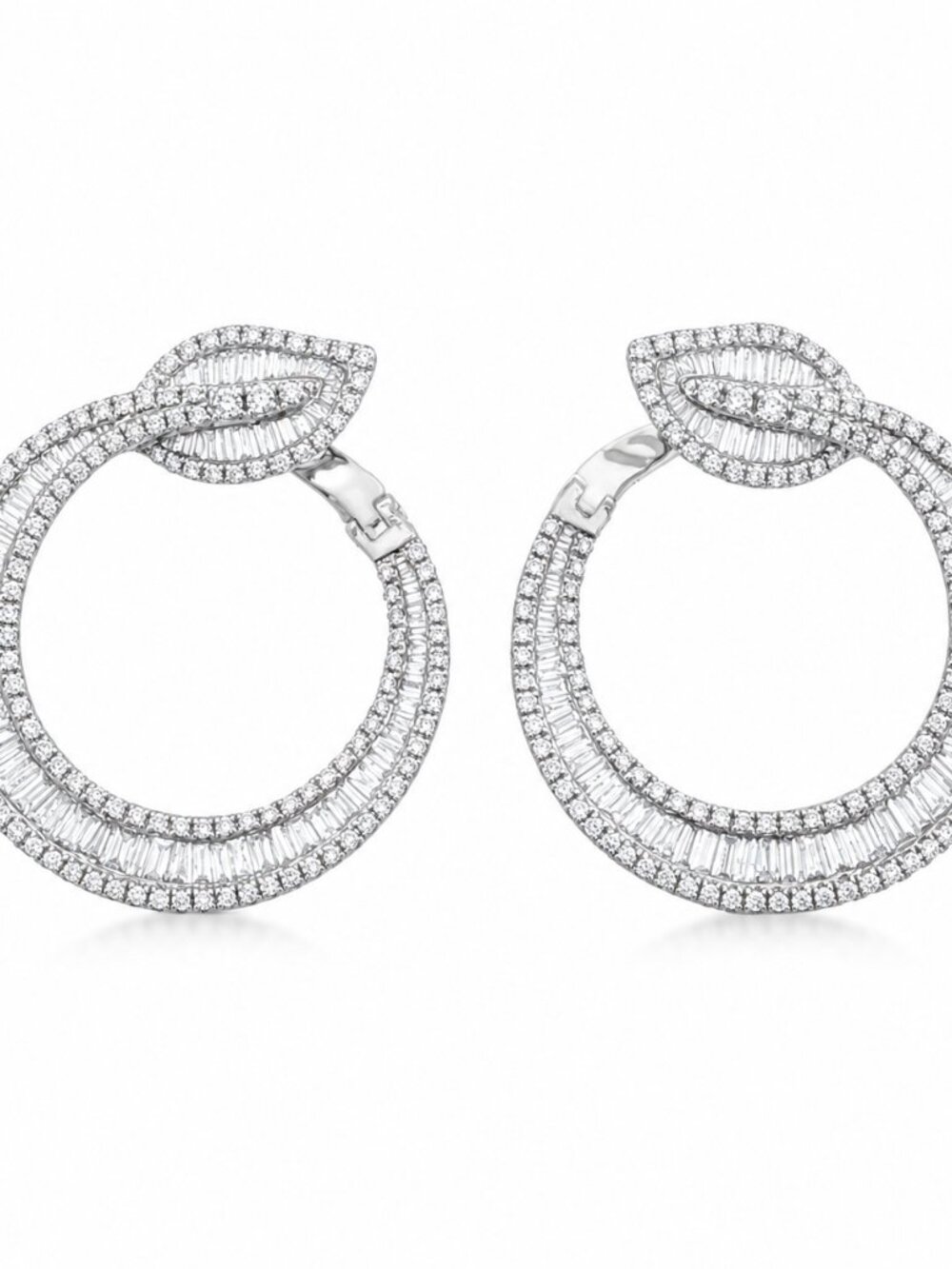 Fine 18 Karat White Gold 1.95 Carat Natural Diamonds Leaf Hoop Earrings